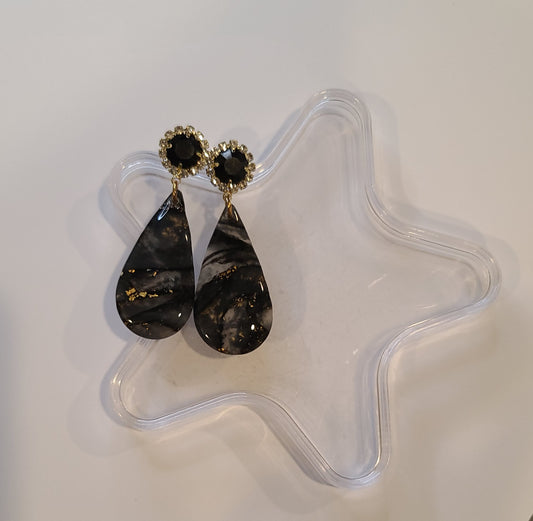 Black and gold tear drop marble earrings