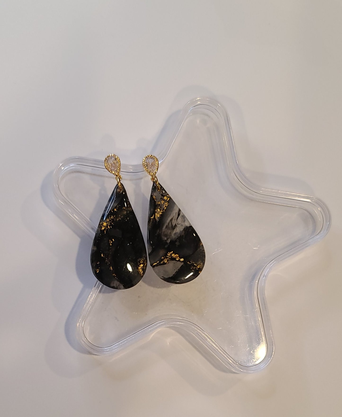 Black and gold tear drop marble earrings