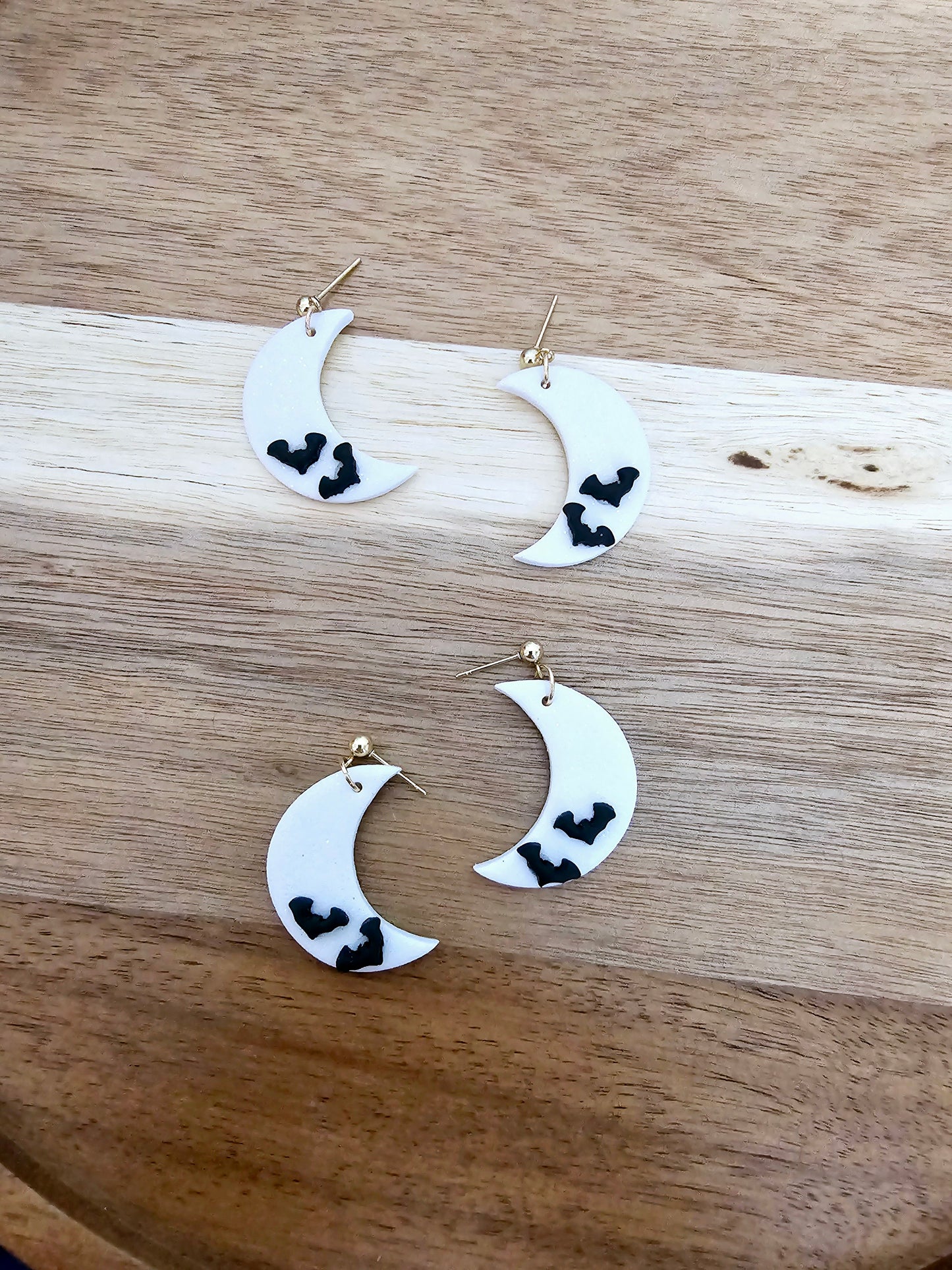 White Sparkley moon with bat earrings