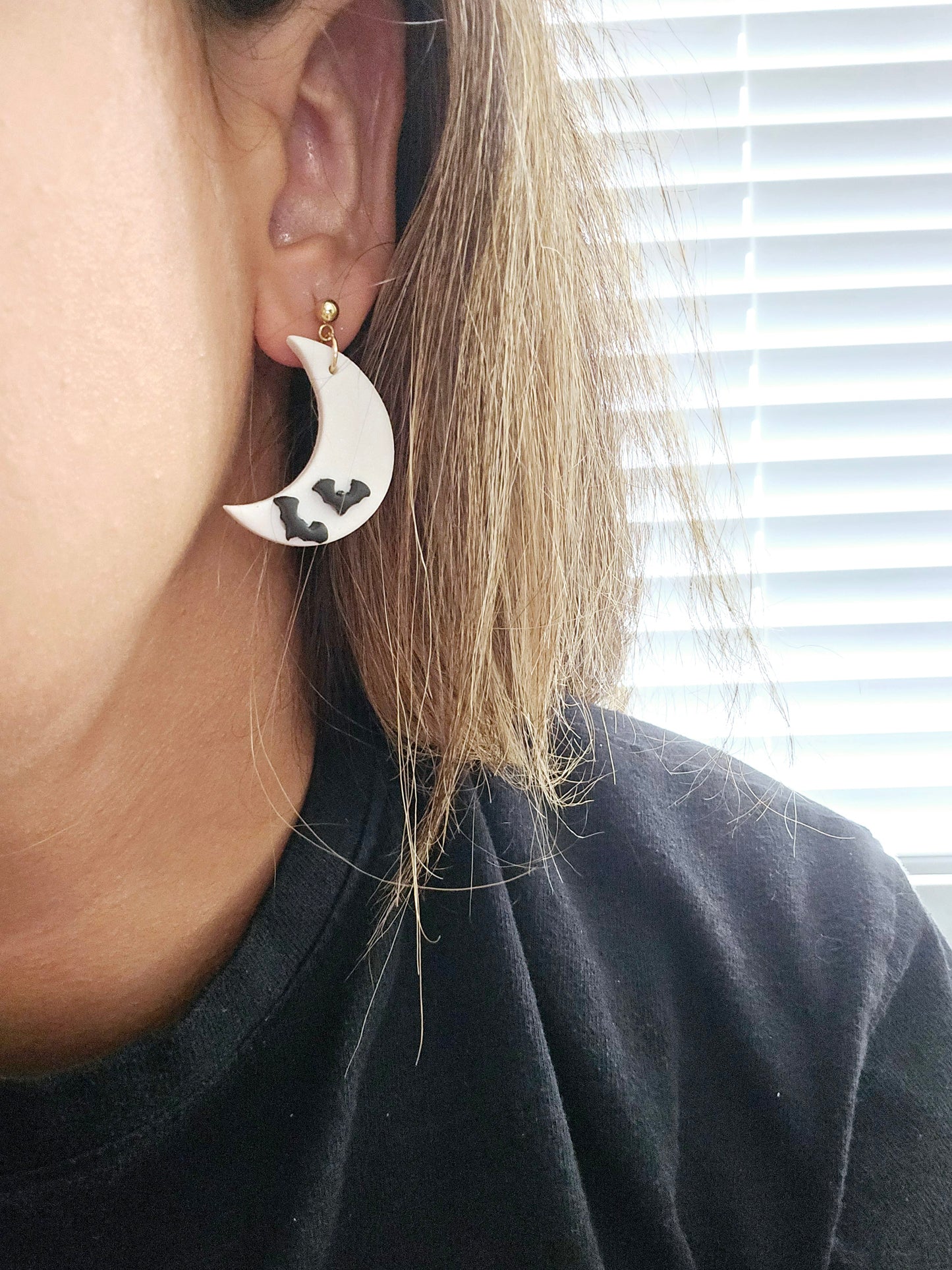 White Sparkley moon with bat earrings