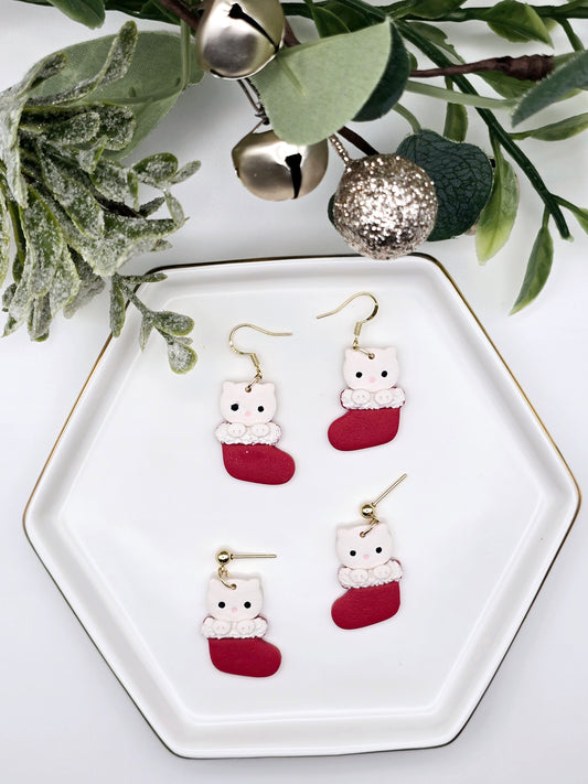 Cat stocking Christmas earrings