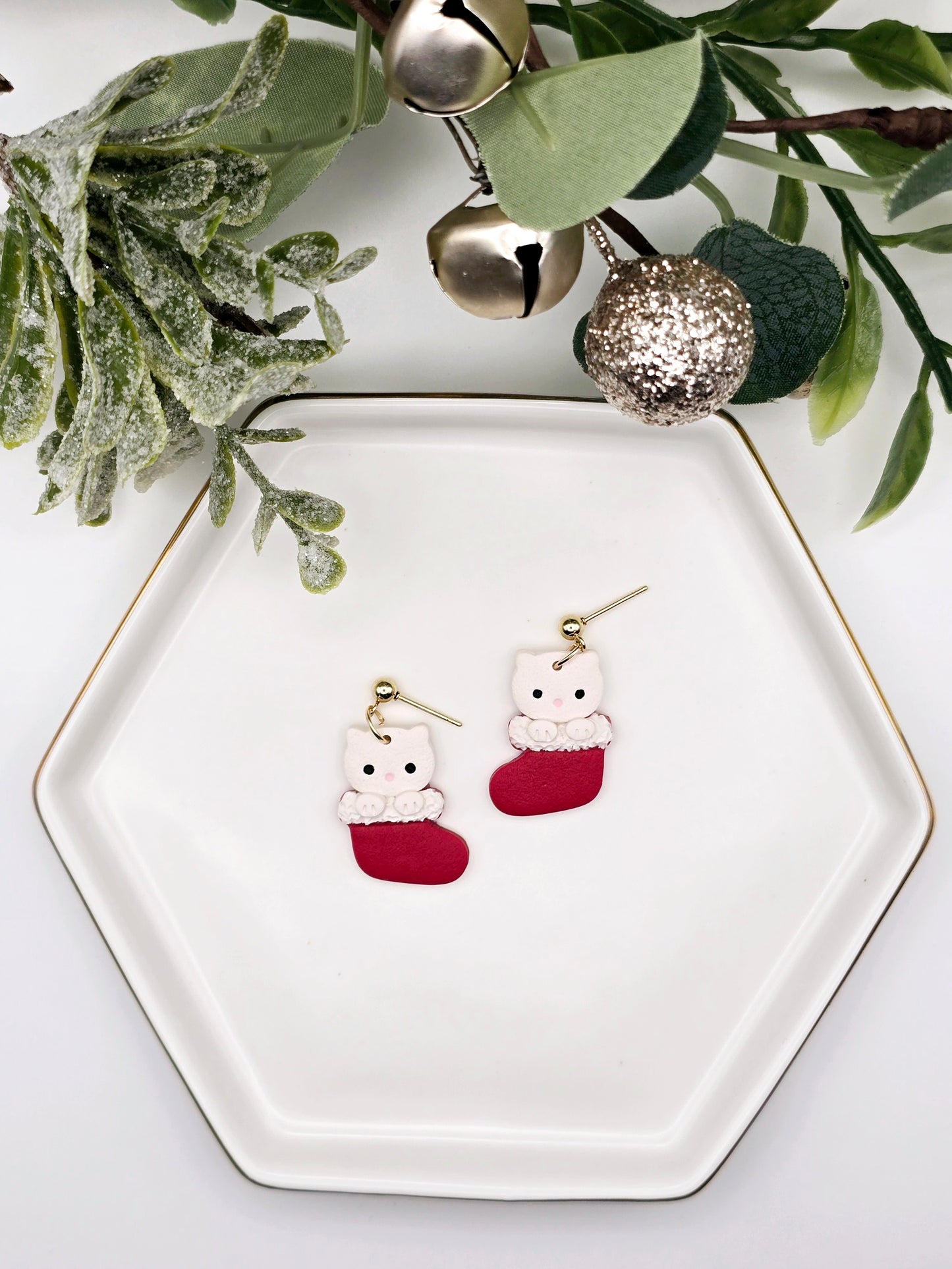 Cat stocking Christmas earrings