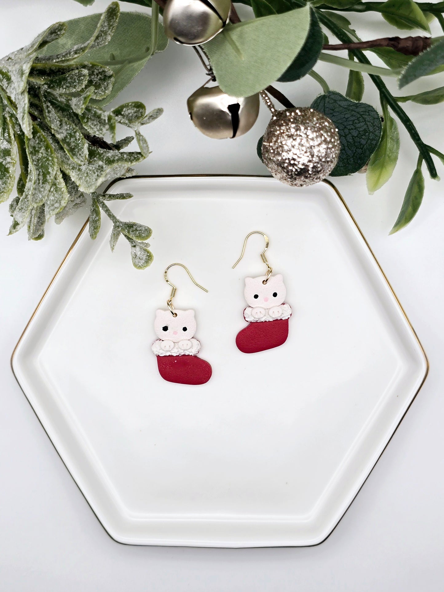 Cat stocking Christmas earrings