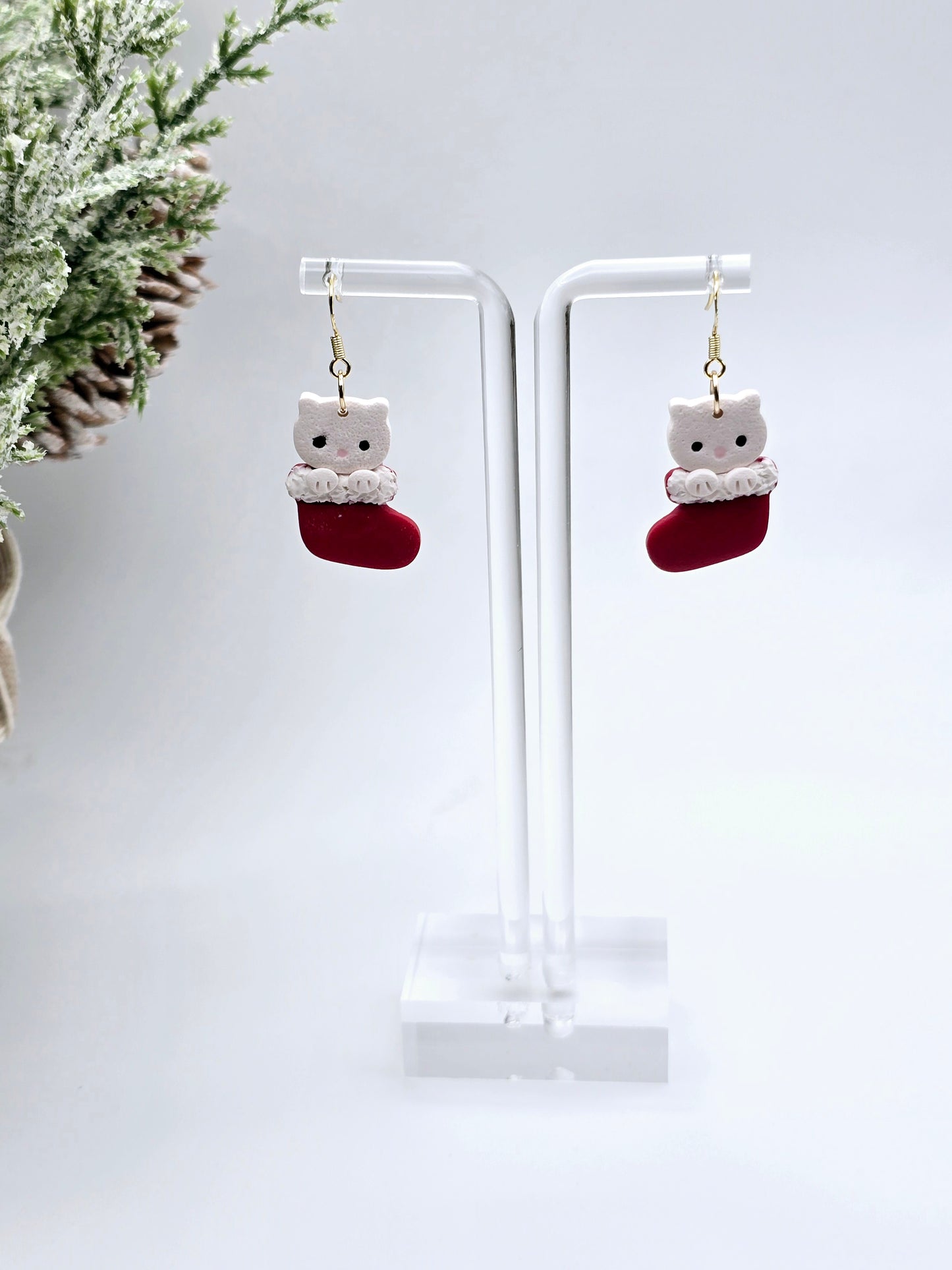 Cat stocking Christmas earrings