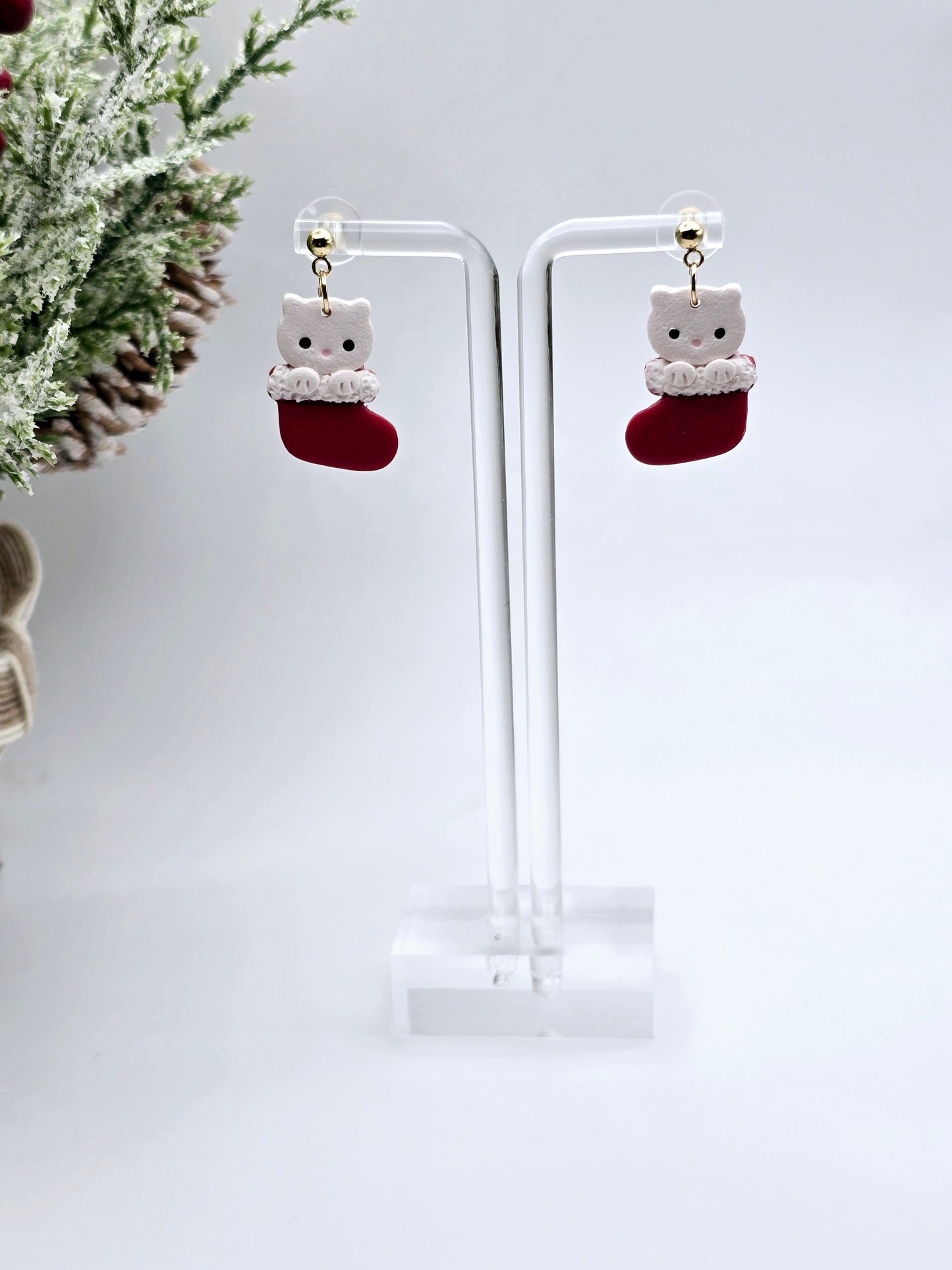 Cat stocking Christmas earrings