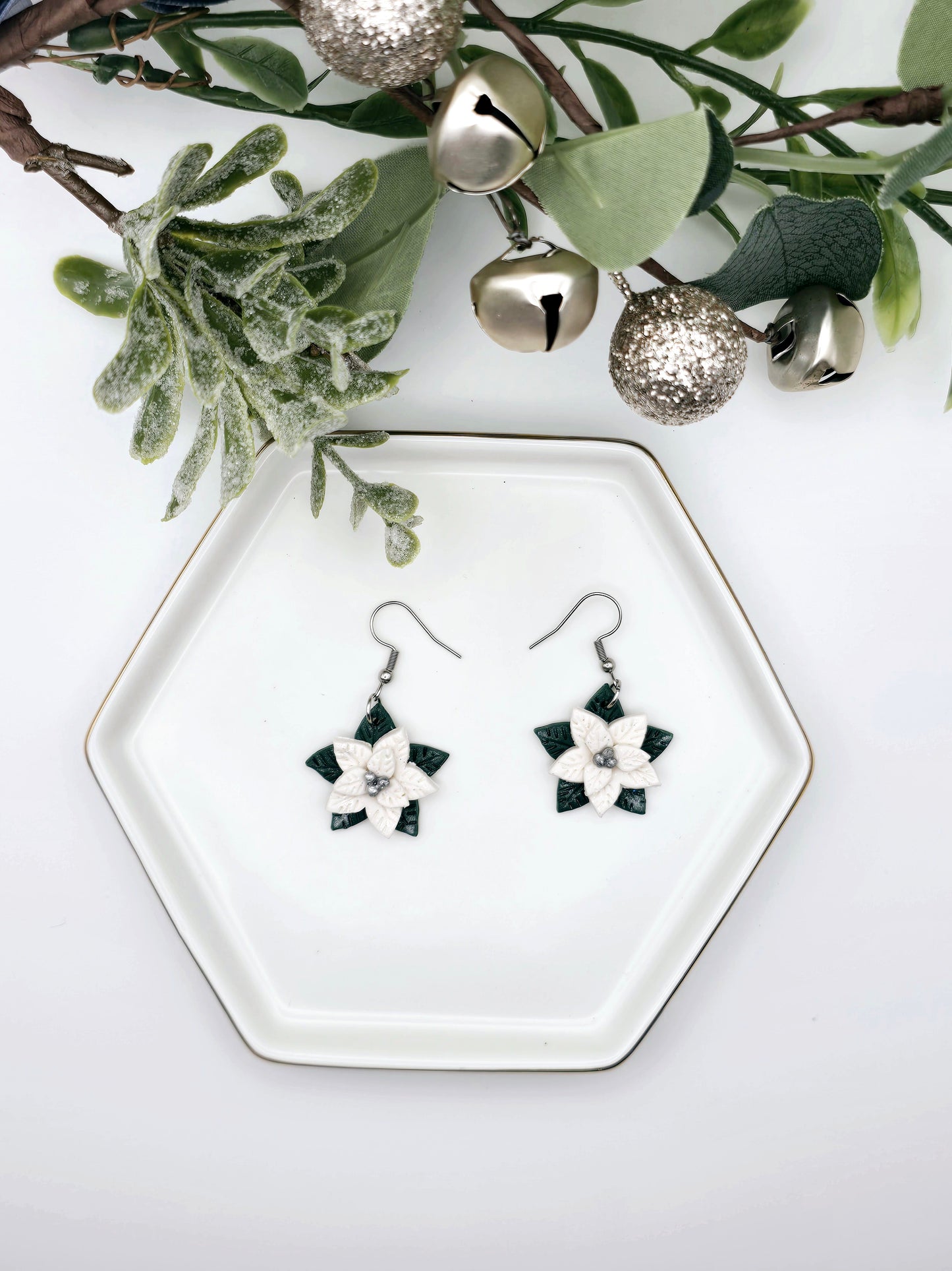 White and silver Poinsettia earrings