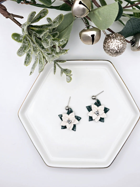 White and silver Poinsettia earrings