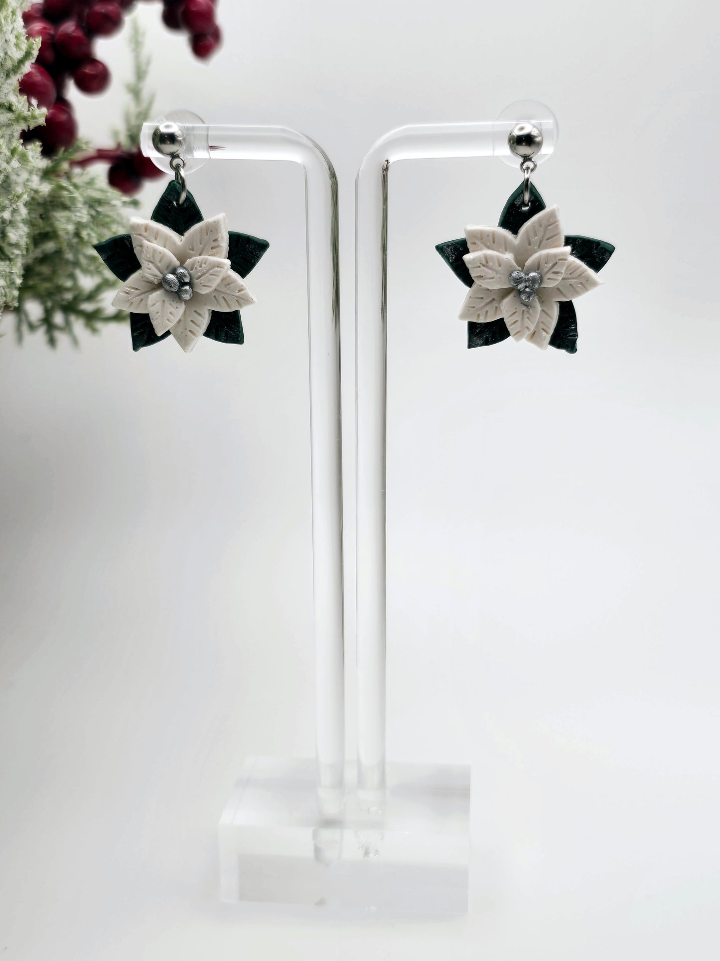 White and silver Poinsettia earrings