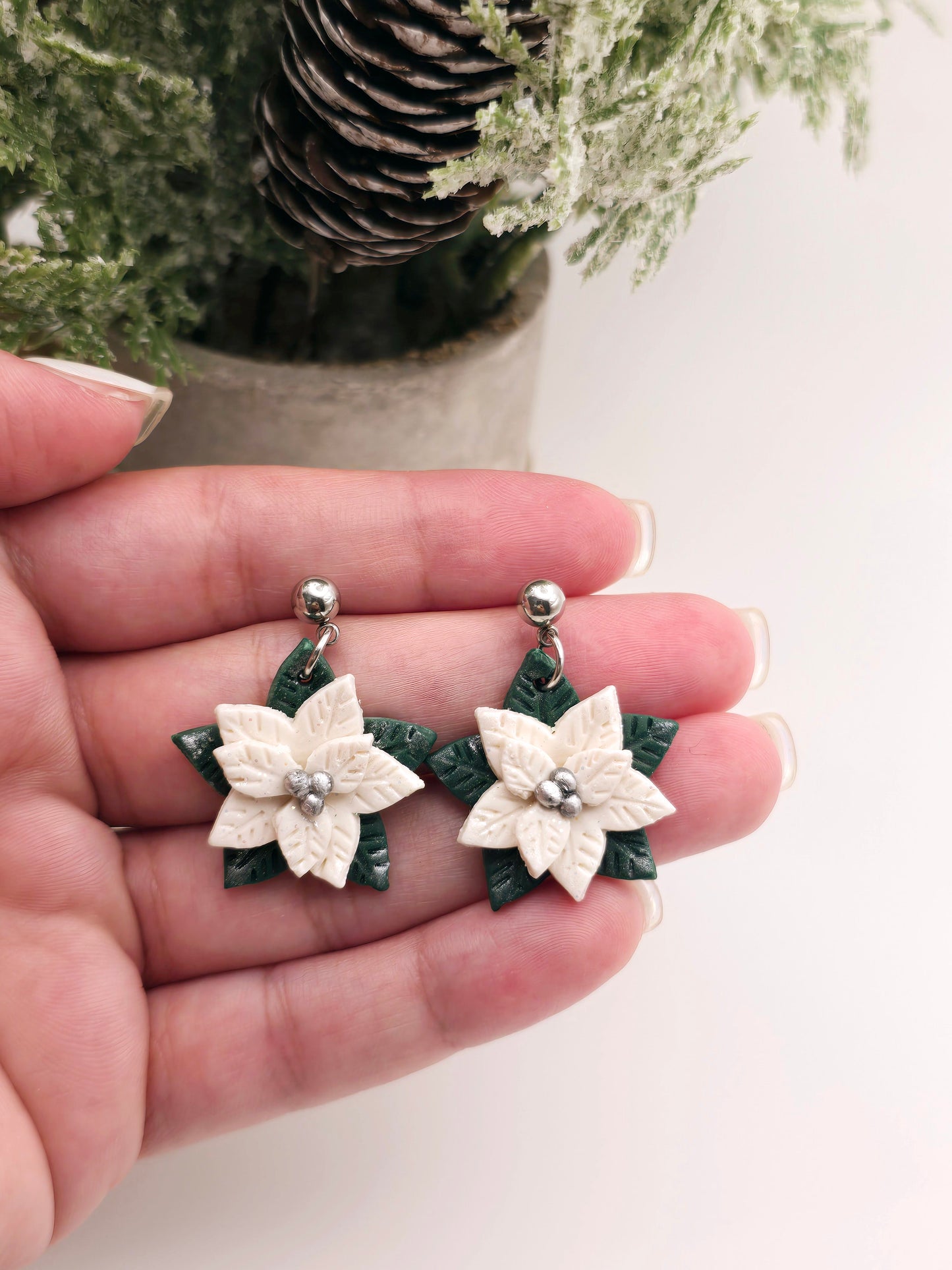 White and silver Poinsettia earrings